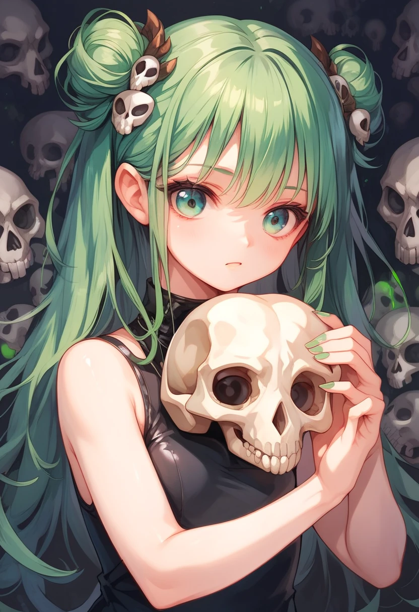 masterpiece, best quality, solo, cursed woman, flower hair, red eyes, green hair, dryad, green skin, holding a skull,