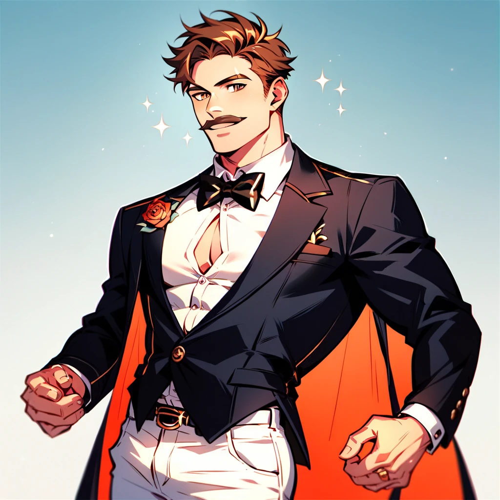 dapper large  muscular man with short, curtain-style brown hair and a well-groomed mustache, brown eyes, gazing confidently at the viewer, dressed in an elegant black suit paired with a crisp white shirt and tailored white trousers, accented by a sleek black bowtie. He stands amidst a lavish high society gala, 