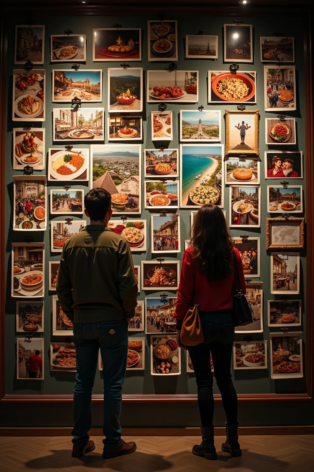 A couple admiring a wall filled with numerous travel photos, capturing memories of their culinary adventures and nighttime street stalls around the world. The scene is realistic, showcasing vibrant colors and intricate details of the photographs, with a warm and inviting atmosphere