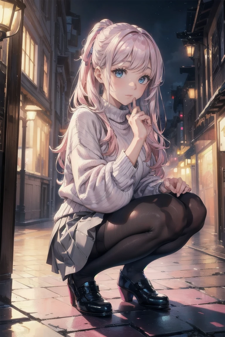 best quality, 32k, RAW photo, incredibly absurdres, extremely detailed, delicate texture, cute woman, squatting down, two side up messy wavy hair, hair over one eye, wearing punk fashion, fluffy long-pile knit sweater, red checked miniskirt, amorous and lewd expression, superlative body proportion, black pantyhose, black engineer boots, background abandoned building, wire mesh, fence, graffiti, iridescent pastel color