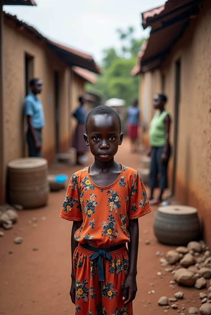 I see an African black child, with a full-body view, about 5 years old (with short, curly hair like that of a typical black child), sitting on the dirt floor, in profile, viewed from a distance, simply visualizing the side of the , the entire body, and the  looking to the opposite side. The image is very beautiful and very detailed.