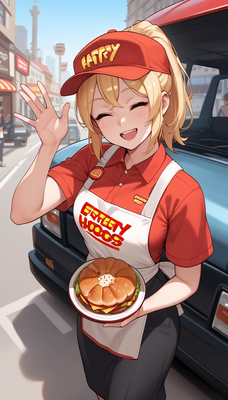 score_9, score_8_up, score_7_up, score_6_up, score_5_up, score_4_up, 1girl, blonde hair, closed eyes, ponytail, happy, smile, open mouth, fast food cap, fast food uniform, apron, waving hand, food truck, food truck in the background, city street, street background, facing viewer, looking at viewer, 