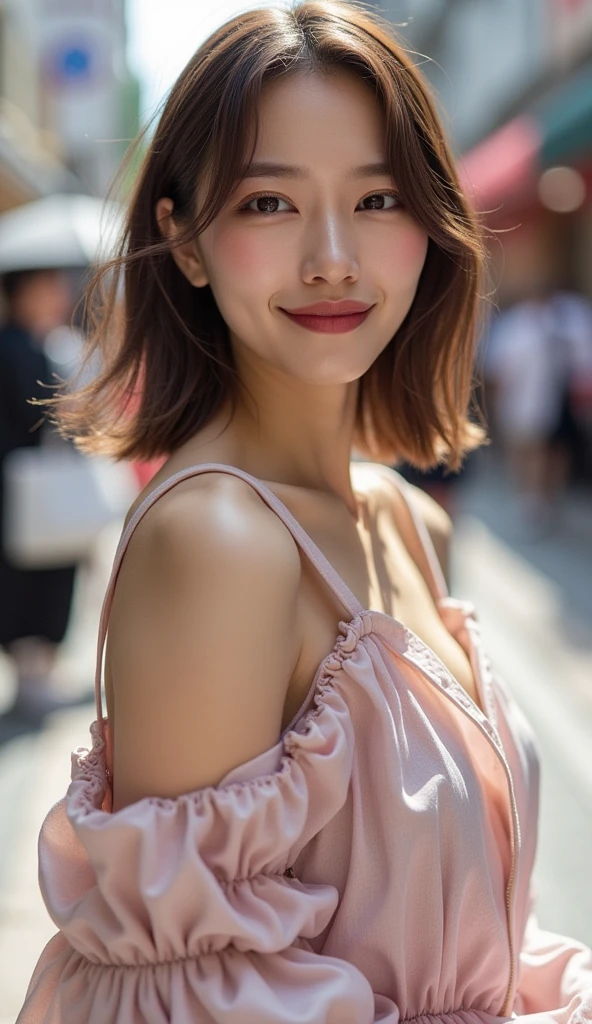 (8k, RAW Photos, highest quality, masterpiece, Realistic, Realistic), (1 female), (The ultimate beautiful middle-aged woman), Highly detailed face, (Perfect Teeth), Beautiful Eyes, double eyelid, eyelash, smile, Lip details, (Neat brunette bob), The light shines on your face, Big Breasts, ((Colorful mini dresses)), (front view), (background: none), Background blur