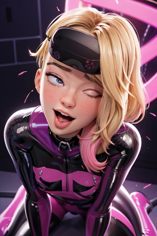 ((Beautiful face))), (((masterpiece face))), blonde hair, chignon, French braid on top of hair, long hair, hair falling down back of neck, big , massive , even bigger , hoop earrings, big thighs, massive thighs, tiny waist, small waist, (((vr headset on covering eyes))), brainwash, mind control, hypnosis, tech control, hypnosis spirals, vr spiral, (((hypnotic spiral on vr headset))), open mouth, tongue out, mouth gaping, tongue lolling out mouth, glowing headset, kneeling, (((pink latex))), palms on ground, cyber room, modern club room, sci-fi room, choker, choker with a numbered collar, barcode on clothes,(((pink catsuit))), close up on face, head tilted upwards, chin tilted upwards, ahegao, Samsung sam