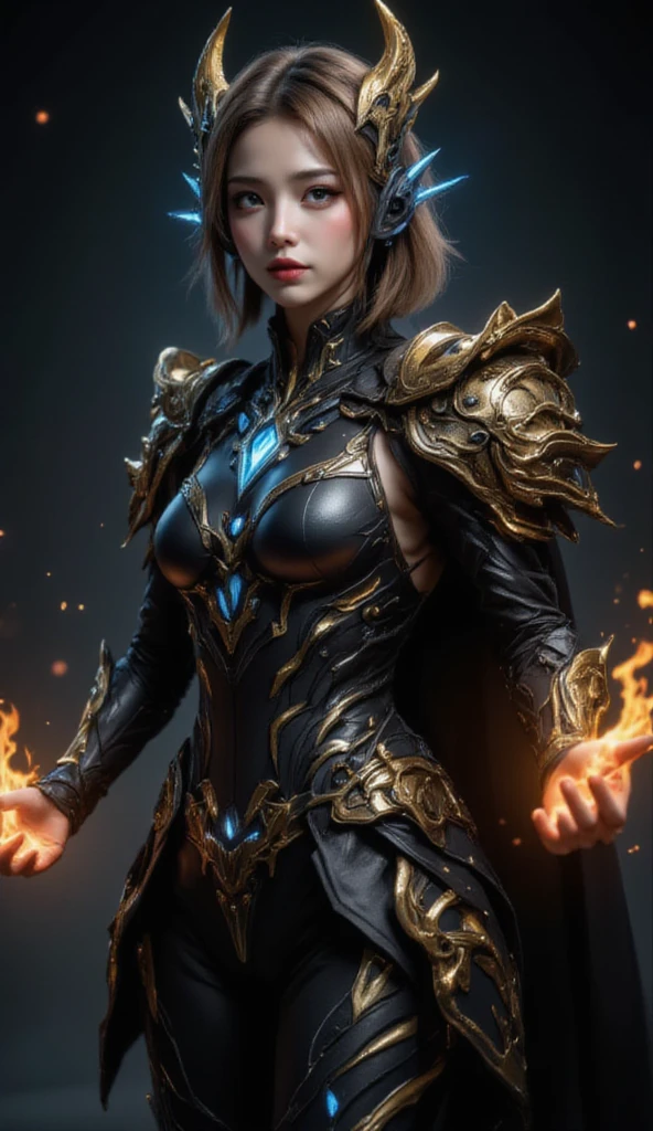 This image shows a cute girl wearing black and gold armor with some blue glowing elements. The character's pose is very dynamic, as if casting a fireball with flames shooting out from their hands. The armor is intricately designed with complex textures and decorations, giving it a very ornate appearance. The background is dark with some light spots, adding a mysterious and dramatic atmosphere.