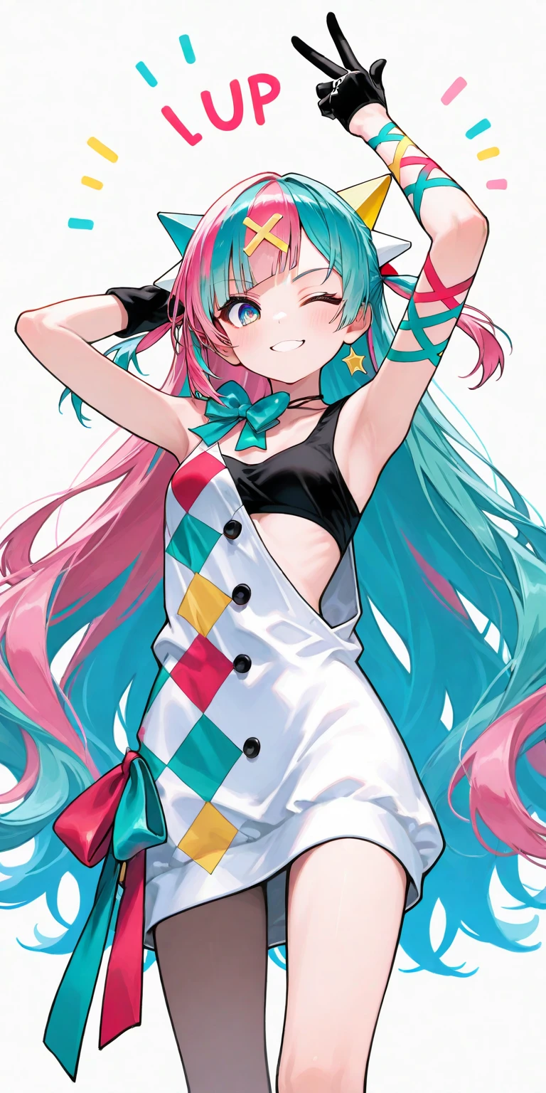 1girl\((Pinky Pop Hepburn\(vtuber\)), dynamic pose,smile,cute,wink,cute hand sign, white short asymmetry dress, (black finger cover),blue big ribbon tie,black (sport-bra:0.5),skinny, slender, sleeveless\),minimalist,vivid color, pop art,masterpiece, best quality