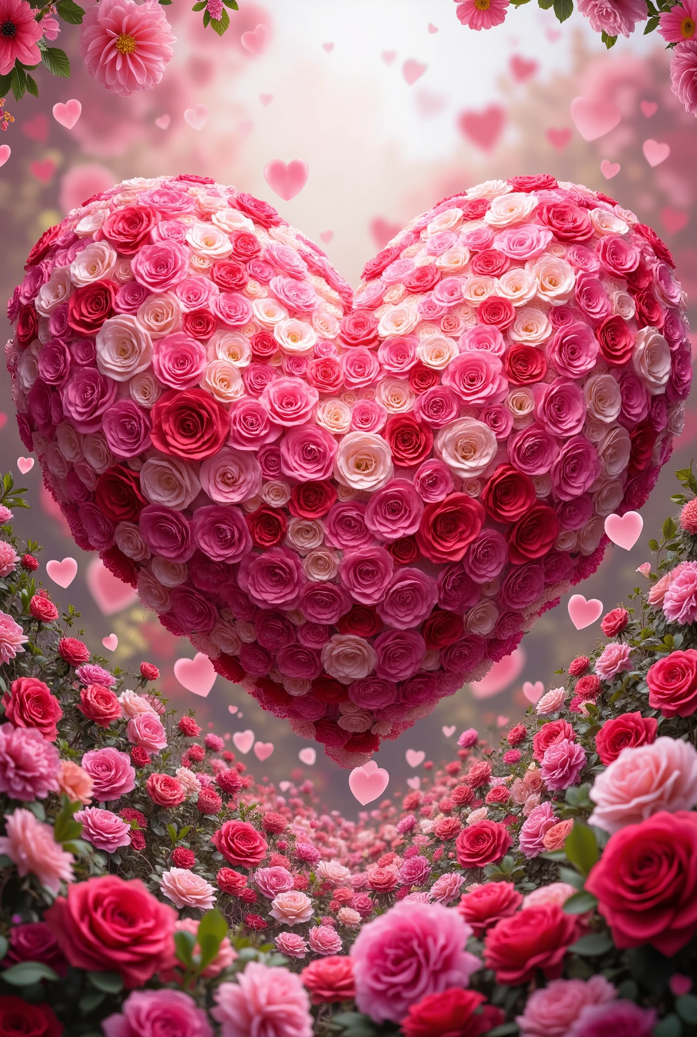  Beautiful Big Pink-red delicate Heart color , Soft and Colorful colors ,  Petals Circle around the Picture Everything is very beautiful and captures the viewer's eye, Beautiful background with different flowers and hearts,  masterpiece fails, 8 k,  maximum quality ,  complicated details ,  best quality ,  Lots of Details , Wonderful, perfect,