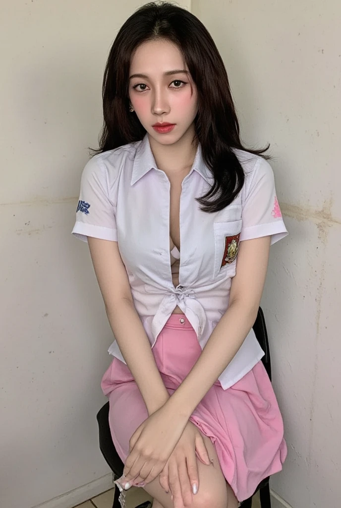 A 25-year-old woman ,  doggystyle position, looking at the camera,  using strict indonesian school uniform without sleeves, seductive expression, open mouth dark red lips,  very large breasts , very detailed image quality 