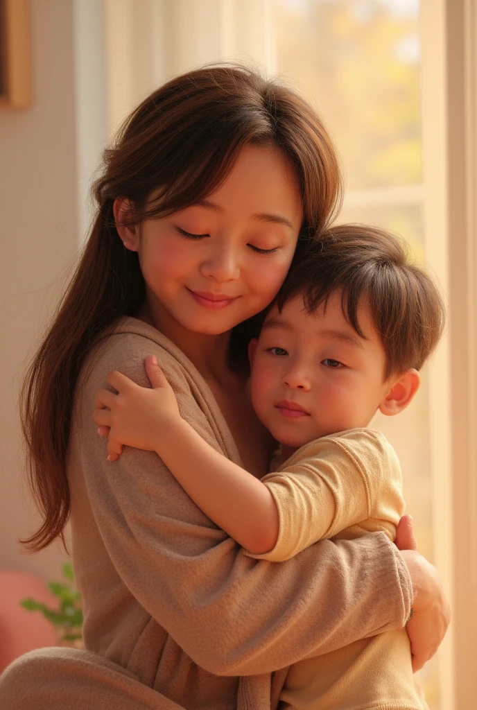 dressed in a animal costume and is sitting on his mom's lap, 1littleboy, mom is seen wearing bedtime shorts, bedroom, night time, beautiful stars, blushed cheeks, brown hair, adorable, cute, wholesome, sleeping, one night lamp emitting light, soft lights, photo realistic, ultra detailed, 1mom, 1boy, 1child, (best quality, masterpiece,)