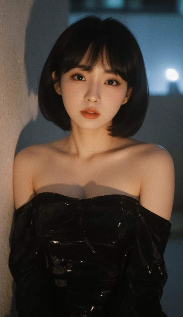 1 girl,shrub,girl girl, Black cheongsam dress, blunt hair, (masterpiece:1.4), (best quality:1.4), (oily shiny skin), red lips, looking at the audience, big breasts, cleft lip, Upper body,