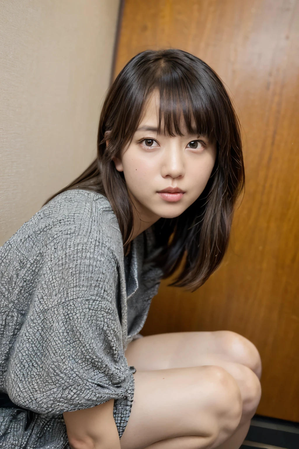 ( realistic, photo- realistic, Masterpiece, top quality), high definition, very detailed, intricate details, sharp concentration, cinematic lighting, portrait, looking , Alone, One mature 40 year old woman , Japanese women, lean forward, ( very small breasts on toilet bowl), wear a loose t-shirt and miniskirt, Sandals, dark haired, ( detailed face , beautiful eyes in every detail , A sophisticated nose, beautiful eyes), has skin and wrinkles that make you feel like you're in your 40s, Photo Background, Outdoors, The way home, In the alley, Daytime,