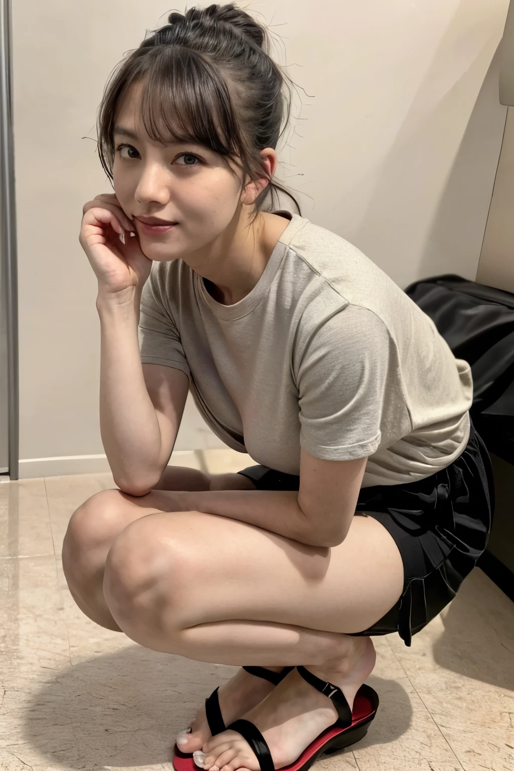 ( realistic, photo- realistic, Masterpiece, top quality), high definition, very detailed, intricate details, sharp concentration, cinematic lighting, portrait, looking , Alone, One mature 40 year old woman , Japanese women, lean forward, ( very small breasts on toilet bowl), wear a loose t-shirt and miniskirt, Sandals, dark haired, ( detailed face , beautiful eyes in every detail , A sophisticated nose, beautiful eyes), has skin and wrinkles that make you feel like you're in your 40s, Photo Background, Outdoors, The way home, In the alley, Daytime,