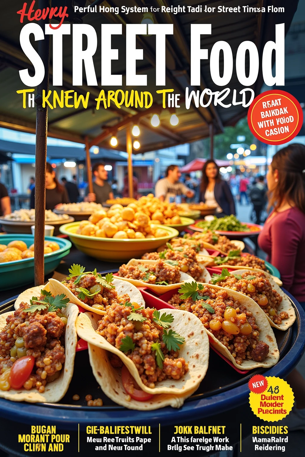 A vibrant food magazine cover showcasing street food from around the world, featuring colorful stalls, diverse dishes like tacos, satay, and dumplings, bustling crowds, and the atmosphere of a lively night market. The cover should include enticing food photography, bright colors, and a catchy title.