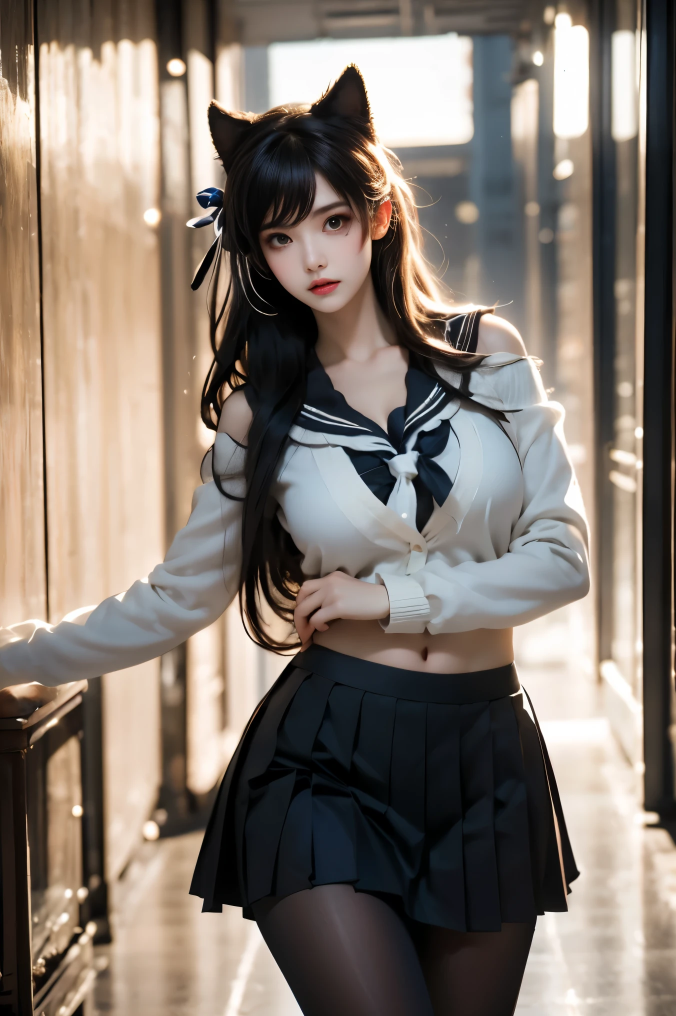 atago, 1girl, solo, atago \(azur lane\), cosplay, mole under eye,
animal ears, very long hair,bangs, sidelocks, hair ribbon,
school uniform,cardigan, sailor collar, serafuku, long sleeves, pleated skirt, pantyhose, (cowboy shot:1.3), (from below:1.2),photorealistic beautiful woman, fashion model with long legs, (standing in hallway:1.2), (Stand on one foot:1.2), (Lean against the wall), portico corridor, single bare shoulder, (elegant contrapposto pose:1.2), graceful stance, slim athletic figure, (high detailed skin:1.2), (Full breasts, visible cleavage, very short hemlines, revealing smooth thighs), soft ambient lighting, cinematic lighting, depth of field, 85mm portrait photography, natural shadows, professional fashion photography, high-end magazine style, high resolution, masterpiece, best quality, intricate details, hyperrealistic