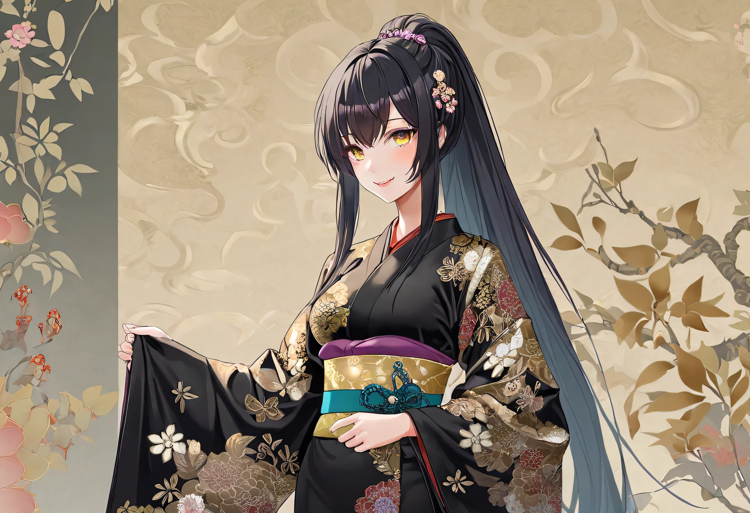 Fresh illustration,
Ultra-fine drawing,
Top quality,
Very delicate illustration,
Very fine details,
Beautiful and charming anime style,
Enchanting anime style,
Super detailed,
Beautiful and sophisticated illustration of a girl,
Full body,
Height 158cm,
Fair skin,
Complete heterochromia,
Large black pupils,
Beautiful eyes,
Super long shiny hair,,
Random hairstyle,
Hair with gradient,
Beautiful and cute face,
Rich cheeks,
Lower eyebrows,
Smiling,
Upper body in kimono,
Lower body in Chinese dress,
Obi color is black,
Tasteful embroidery with gold thread,
Clothes with high quality texture,
Narrow shoulders,
Mega breasts,
isometric,
golden ratio,
divine atmosphere,
wearing a stand-up collared inner,
location and weather to suit the outfit,,
tactical use of shadows,
hair and headband do not extend beyond the frame,
clothes do not extend beyond the frame,
standing,
long shot,