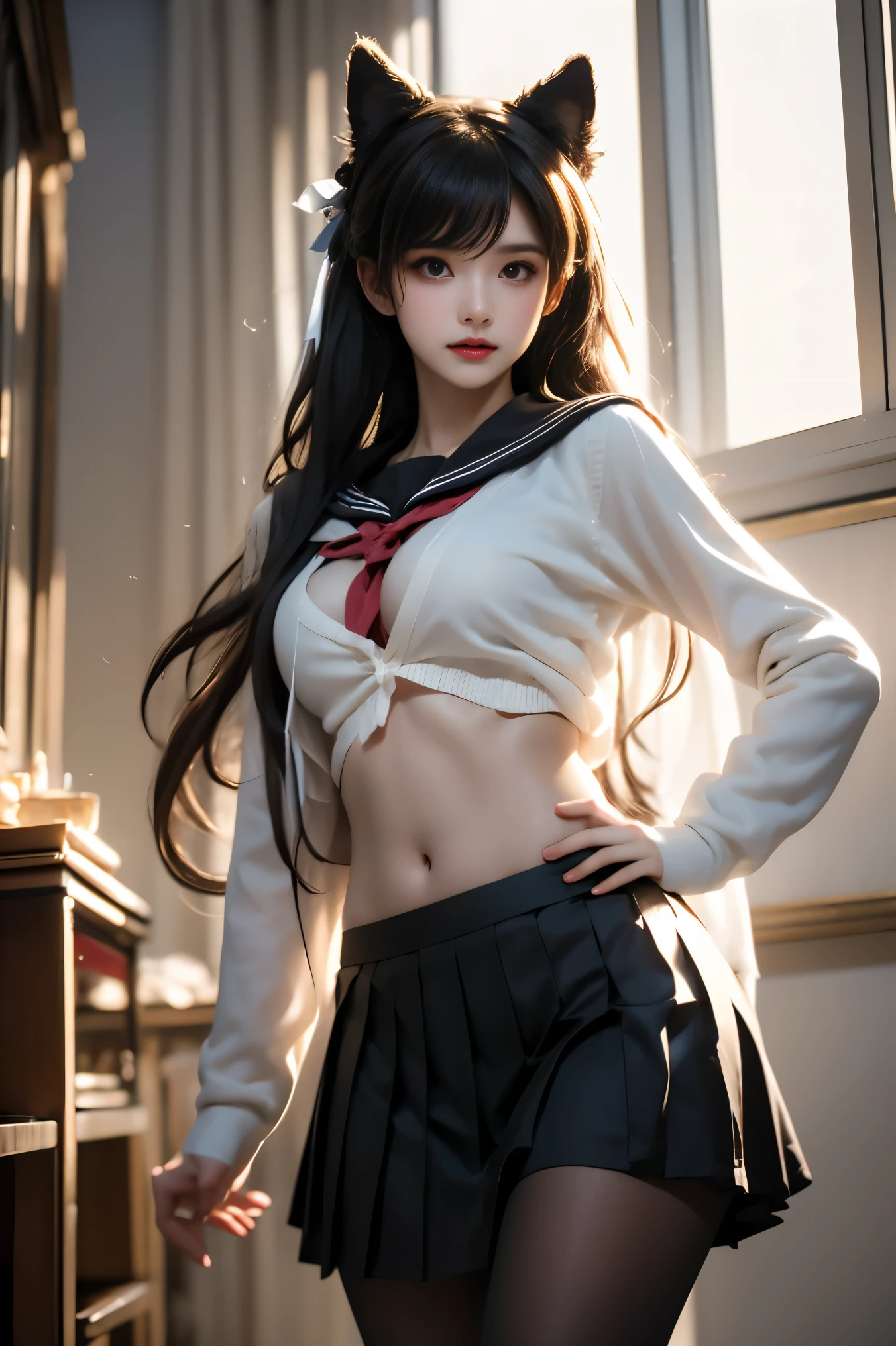atago, 1girl, solo, atago \(azur lane\), cosplay, mole under eye,
animal ears, very long hair,bangs, sidelocks, hair ribbon,
school uniform,cardigan, sailor collar, serafuku, long sleeves, pleated skirt, pantyhose, (cowboy shot:1.3), (from below:1.2),photorealistic beautiful woman, fashion model with long legs, (standing in hallway:1.2), (Stand on one foot:1.2), (Lean against the wall), portico corridor,  single bare shoulder,     (elegant contrapposto pose:1.2), graceful stance, slim athletic figure, (high detailed skin:1.2), (Full breasts, visible cleavage, very short hemlines, revealing smooth thighs), soft ambient lighting, cinematic lighting, depth of field, 85mm portrait photography, natural shadows, professional fashion photography, high-end magazine style,  high resolution, masterpiece, best quality,  intricate details, hyperrealistic