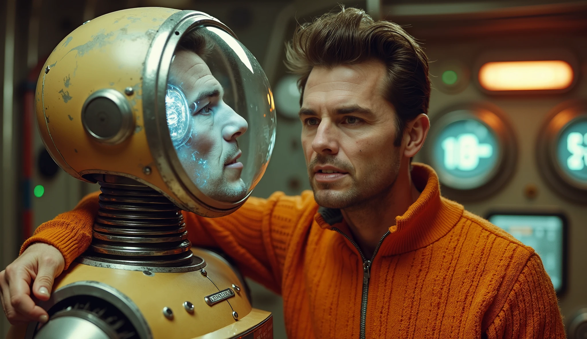 4k image of a 1960s science fiction film by Stanley Kubrick, Filme O Grande Hotel Budapeste, pastels colors, A man and a woman wearing retrofuturistic alien masks and holding colorful suitcases and chests on the bus, Retro-futuristic fashion clothes from the 60s with old robots, Luz Natural, Psicodelia, futurista estranho, retro-futurista, photo-realistic, Sharp background details.