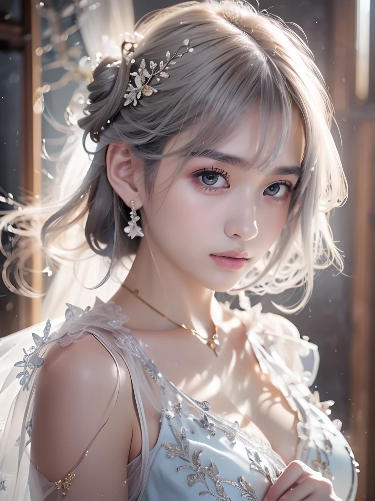 (masterpiece:1.3), (8k, Photorealistic, Raw photo, Best image quality: 1.4), Fair-skinned fairy woman、Long Haircut、, 7 years old,Cleavage:2.0、Super detailed face、Attention to detail、double eyelid、Put your chest together、Sharp focus:1.2、Beautiful woman:1.4、Silvery white hair、highest quality、masterpiece、超A high resolution、(Photorealistic:1.4)、Highly detailed and professionally lit smile、Loose, light, futuristic clothing、Shoulder out、thin、Serious expression、Short-haired、Deadly position, gorgeous earrings, one person