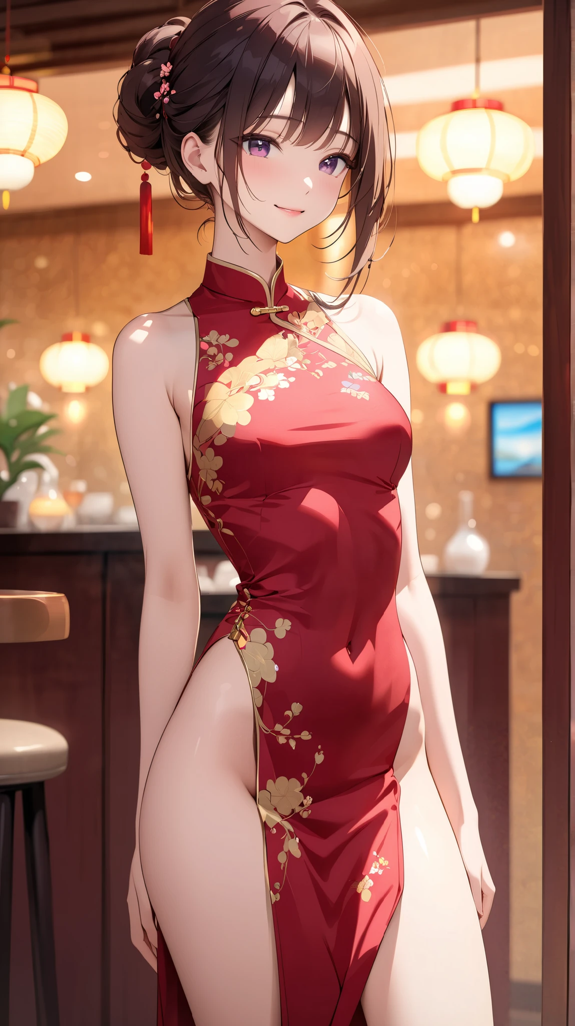 (masterpiece:1.2, highest quality), (realistic, photorealistic:1.4), beautiful illustrations, (natural side lighting, movie lighting), NSFW,
looking at the viewer, face focus, Upper body, 1 girl, Japanese, high school girl, perfect face, Cute symmetrical face, shiny skin, perfect eyes,
(double bun:1.3, brown hair), asymmetrical bangs, brown eyes, (big breasts:1.2), thin waist, big ass,
beautiful hair, beautiful face, detailed and beautiful eyes, beautiful clavicle, beautiful body, beautiful breasts, beautiful thighs, beautiful feet, beautiful fingers,
((fine cloth texture, Sleeveless Red Micro Mini Cheongsam, Slit at waist)),
(beautiful scenery), evening, (Ramen shop), walk,(Smile, upper eye),