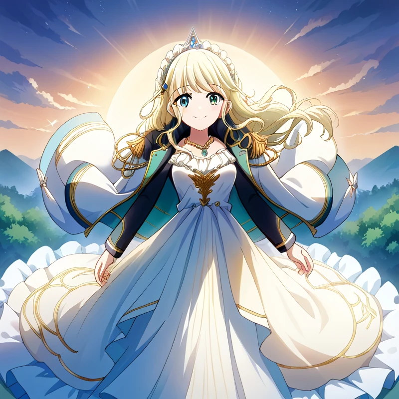 score_9, score_8_consolation, score_7_consolation, score_6_consolation, 1 woman, Shiori ,  blond hair , Long hair , shoulder jacket, Epolite , headdress,  cool wind ,  princess dress , long dress, seafront, sunset,  light smile  , necklace
