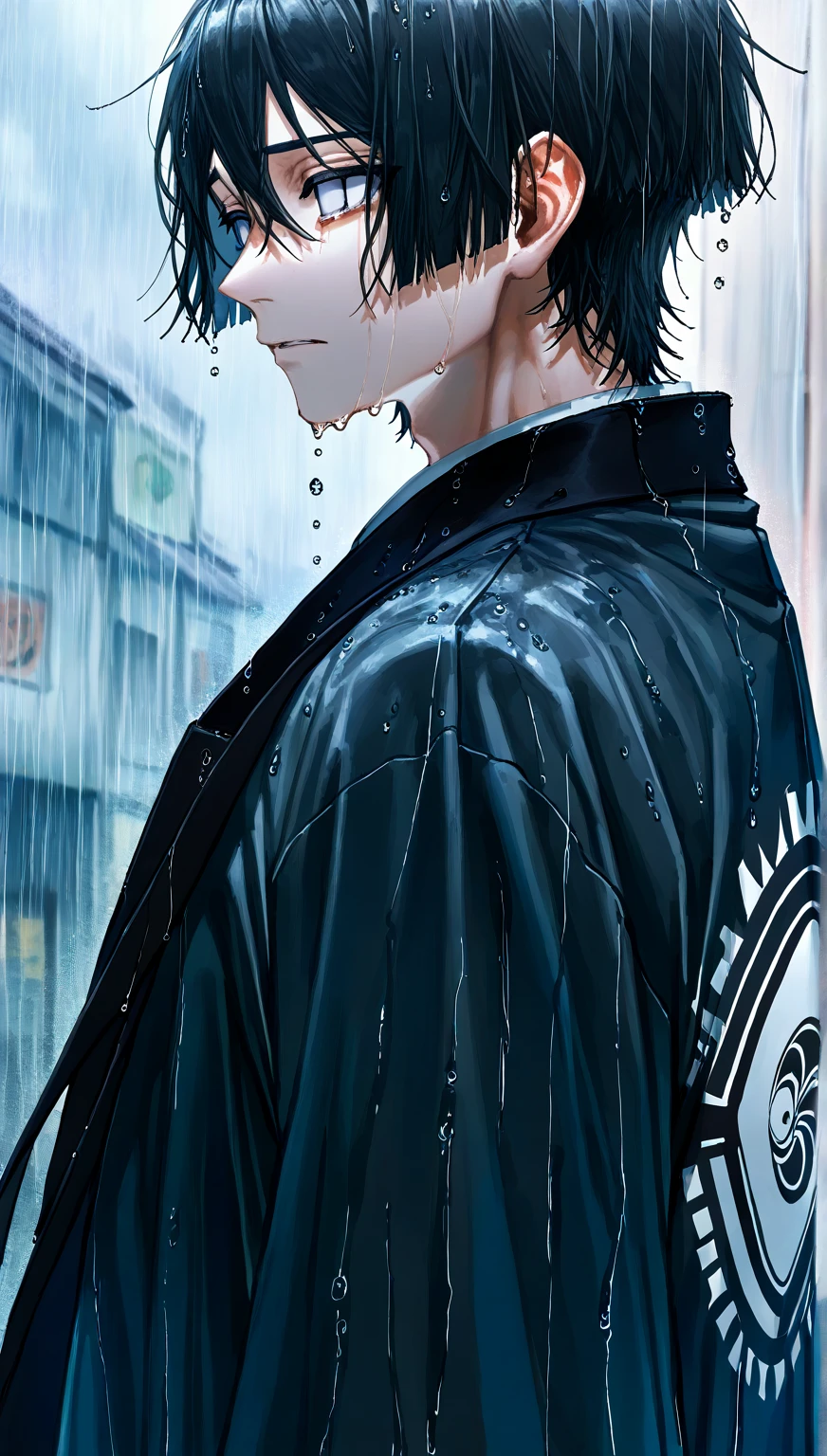 quasarcake,  masterpiece ,  Better quality, 1 boy, White eyes and black hair, from the side, Haori, rain, raindrop, close up, sad scene,  depressing scene 