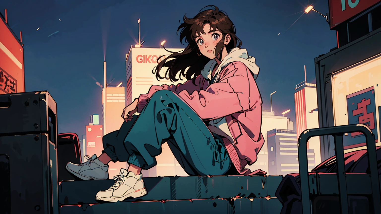 city pop , anime, manga,Retro Anime Girl,Urban Fashion,Streetwear,90s Vibe,Colorful Clothing,Casual Pose,Bold Accessories,Graphic Jacket,High-waisted Pants,Sneakers