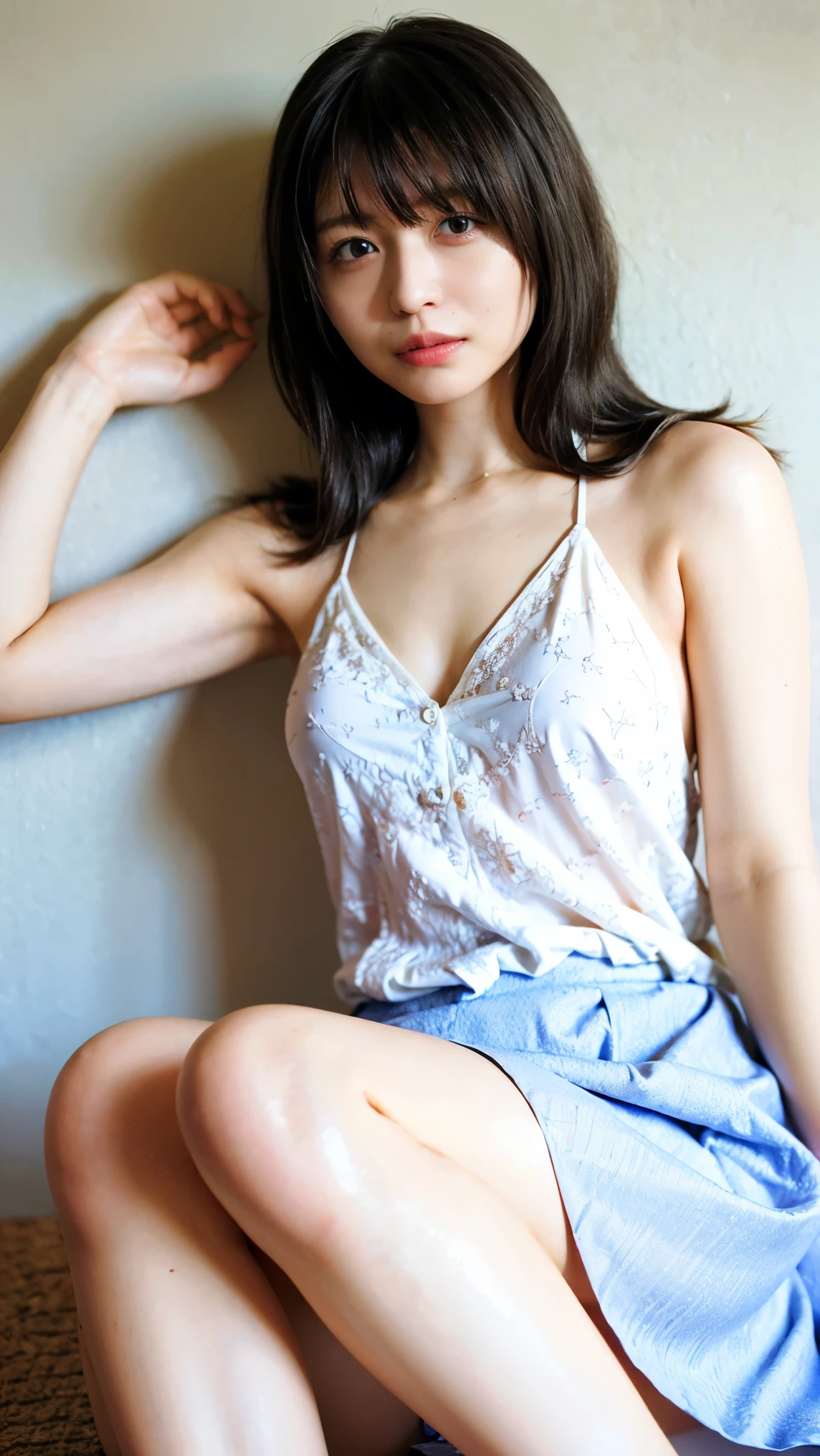 ((( top quality, very detailed,Masterpiece, very detailed))) ,(((  bend your knees))),Loose breasts, see-through, camisole, dress,barefoot, one girl, realistic, lies down,bedroom、 looks sleepy