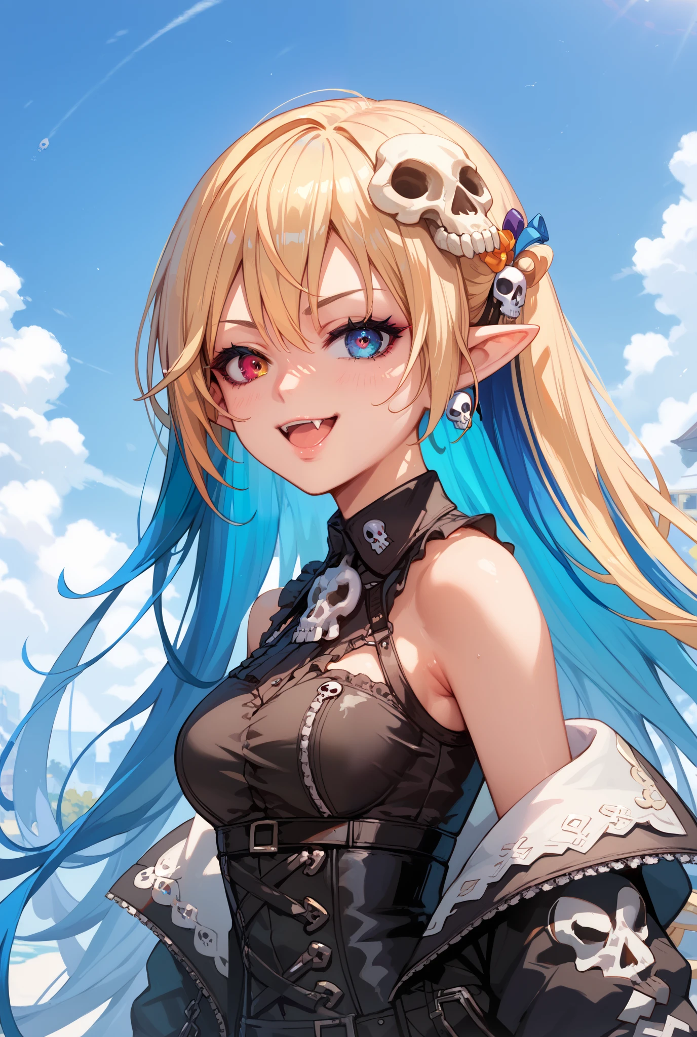 1girl, Anatomically Correct, Best
Quality, Detail, High Details, Quality, High Quality, Super
Detailed, Absurdly Long Hair, Multicolored Hair, Breasts,
Pointy Ears, Makeup, Heterochromia,
Multicolored Eyes, Fang Out, Empty Eyes, Stifled Laugh,
Light Blush, Skull Hair Ornament, Anime Style, Anime, High Resolution, random background