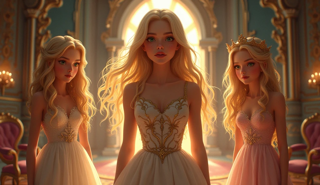 "A full-body shot of a realistic fairytale scene in a magical palace in a beautiful magical forrest, bathed in sunlighting."Beautiful pastel colour pallette." "A fairy queen 1 with realistic striking big blue eyes with eye makeup and a serious, direct gaze at the camera with golden extra long hair." " A Fairy queen 2 with golden-brown long curly hair in a thin light blue dress is standing by clapping her hands, looking at fairy queen1 with staring thorough detaled blue bright eyes and (shocked look with open mouth), perfect shaped pearly white teeth and pursed lips". "Singing fairy princess with a long white hair in a sheer golden wet transparent dress outfit, big breasts, thin waist, big butt, looks provocative with her mouth almost sedusive at fairy queen 2 laughing." Fairy queen 4"doing hand stand with both hands on floor, wearing a thin blue/green dress" "Her gold delicade fairy-crown, is hanging by the ends of her hair""The lighting is natural and bright, highlighting their features and casting a soft glow around their hair, creating a high-contrast effect that emphasizes the subject's presence. " "Elf king is sitting on a royal chair in a elfie chlothes." "A white rapid sits in on a decorative dining table1:1" "while a rainbow colored bird perches on the top of the thin royal thrown". The scene includes a messy fairy queens in a beautiful and magical forrest palace. "The vast environment paints a magical but weird admosphere". # Configuration settings clip_guidance_scale = 20 # High adherence to the detailed prompt, emphasizing facial features hr_scale = 2.0 # High resolution to capture intricate details in the hair and face. hr scale =2.0 # Perfect human female body. Best hands 1:1, super realistic hair 1:1, hyper realistic eyes 1:1, extra detailed delicate moist skin, most detaled and realistic face 1:1. #A realistic stage with thorough details and clear focus on the queens.