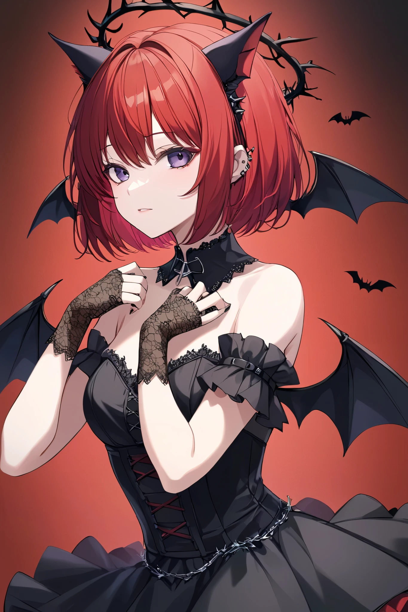 1girl, black thorn halo, pixie haircut, black and red hair, gothic dress, bat ears, , bare shoulders, black fingerless lace gloves, gothic background sexy pose,