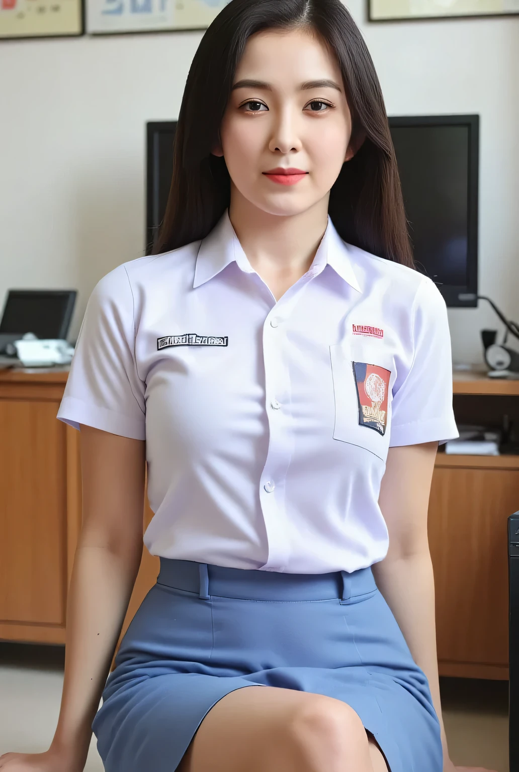 A 25-year-old woman , sitting facing forward, both hands behind , mouth wide open , thick dark red lips , use an indonesian school uniform without sleeves, not using underwear, the bottom of the blue skirt is very tight , very detailed image quality