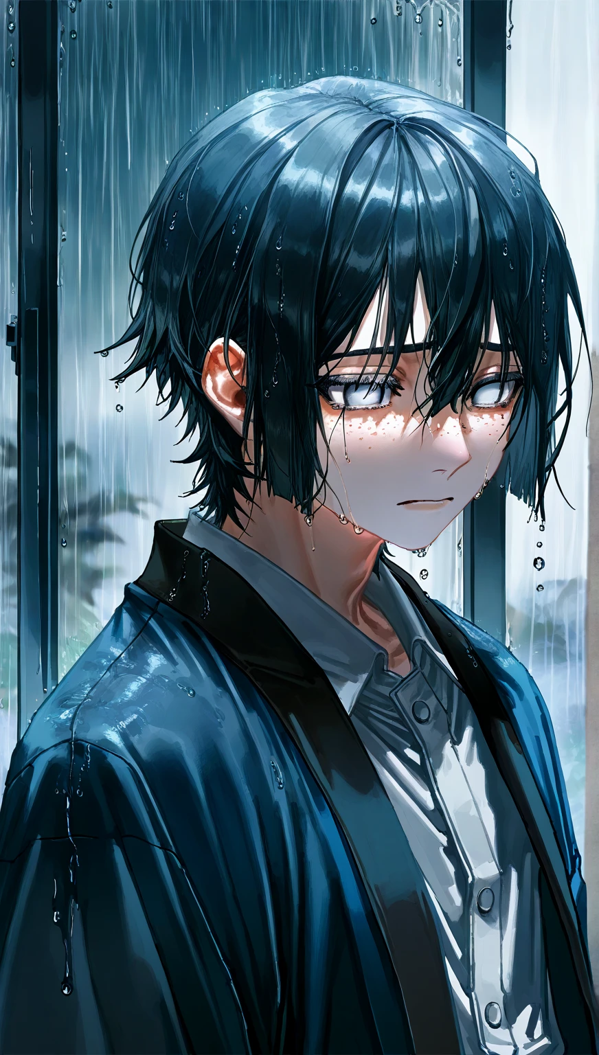 quasarcake,  masterpiece ,  Better quality, 1 boy, White eyes and medium black hair, from the side,  freckles on the face , Haori, rain, raindrop, close up, sad scene,  depressing scene 