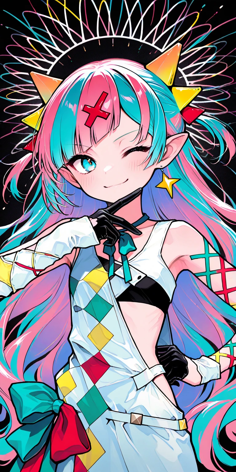 1girl\((Pinky Pop Hepburn\(vtuber\):1.3), dynamic pose,smile,cute,wink,cute hand sign, white short asymmetry dress, (black finger cover),blue big ribbon tie,black (sport-bra:0.5),skinny, slender, sleeveless\),minimalist,vivid color, pop art,masterpiece, best quality