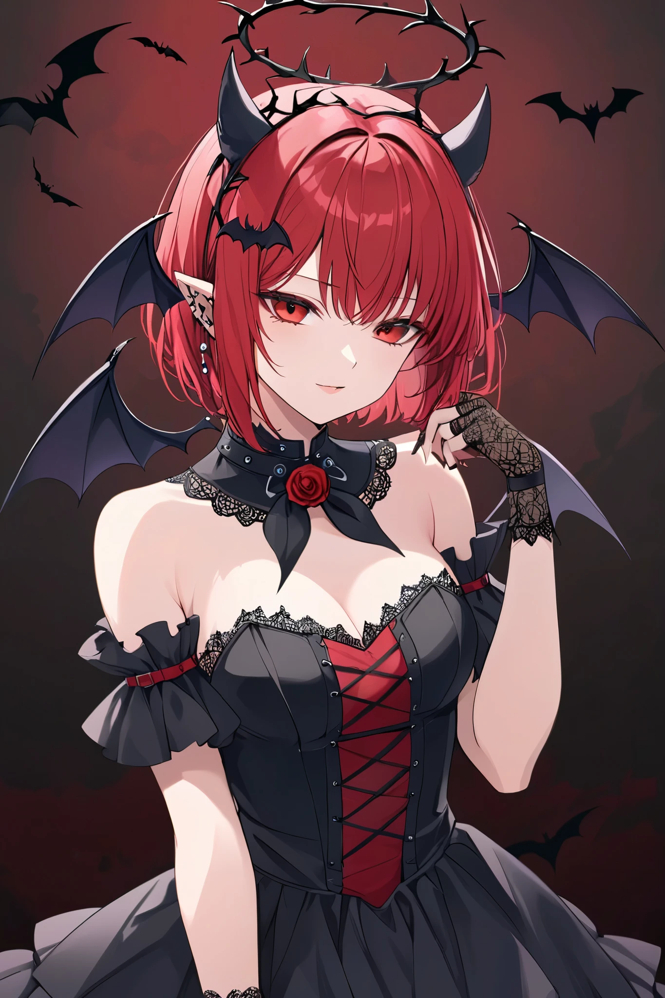 1girl, black thorn halo, pixie haircut, black and red hair, gothic dress, bat ears, , bare shoulders, black fingerless lace gloves, gothic background sexy pose,