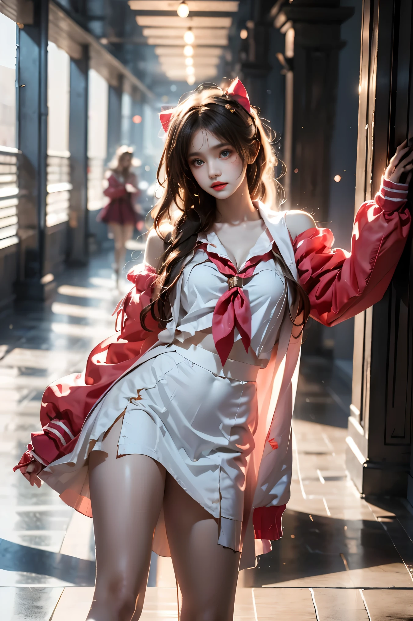 diana cosplay costume, animal ears, long jacket, bow, hair ornament, serafuku, neckerchief, long sleeves, socks, shoes, (cowboy shot:1.3), (from below:1.2),photorealistic beautiful woman, fashion model with long legs, (standing in hallway:1.2), (Stand on one foot:1.2), (Lean ), portico corridor,  single  shoulder,     (elegant contrapposto pose:1.2), graceful stance, slim athletic figure, (high detailed skin:1.2), (Full , visible cleavage, very short hemlines, revealing smooth thighs), soft ambient lighting, cinematic lighting, depth of field, 85mm portrait photography, natural shadows, professional fashion photography, high-end magazine style,  high resolution, masterpiece, best quality,  intricate details, hyperrealistic
