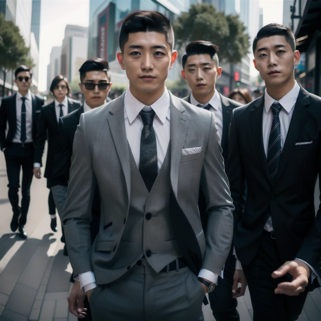 xh,necktie,formal,pants,jacket,suit,multiple boys,male focus,shirt,black hair,3boys,blurry background,black pants,looking at viewer,hand in pocket,black jacket,realistic,blurry,white shirt,grey jacket,collared shirt,vest,short hair,black necktie,belt,closed mouth,facial hair,pocket,outdoors,standing,long sleeves,grey pants,hands in pockets,black suit,smile,building,grey vest,watch,