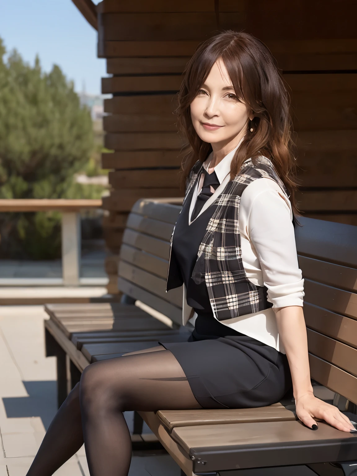 (( top quality)), ((8k)), ((Masterpiece: 1.3)), ( perfect appearance ), ( Photorealism : 1.6), (K), (JMA), Ulchan-6500-v1.1, ( RAW photos:1.2), ( photorealistic), (Genuine:1.4), 1 girl 、 perfect anatomy、48 years old、 medium long hair 、 Plaid Vest、(( sitting on a bench:1.3))、( Ultra Realistic Pantyhose:1.2), ( high heels)、( business services )、