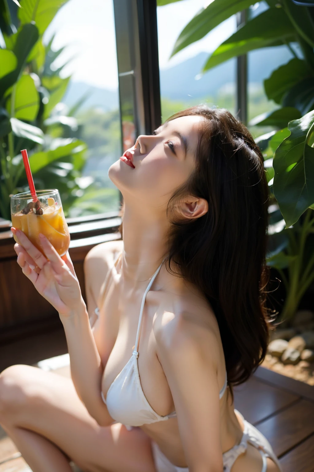 Long hair that extends to the waist 。 Color is dark brown 。 cute face 。 Tall and Beautiful 。Big Breasts Like Mountains 。Slender figure 。Long neck。 Show me her sexy throat。Look up。Curved waist。Exciting 。Anyway, huge breasts。 Her Throat Buddha is particularly sensual 。Drink spit by looking up with your long, slender hands and feet 。 cute no matter who sees it 。 Girl who drew perfection 。 bikini is everyday clothes 。