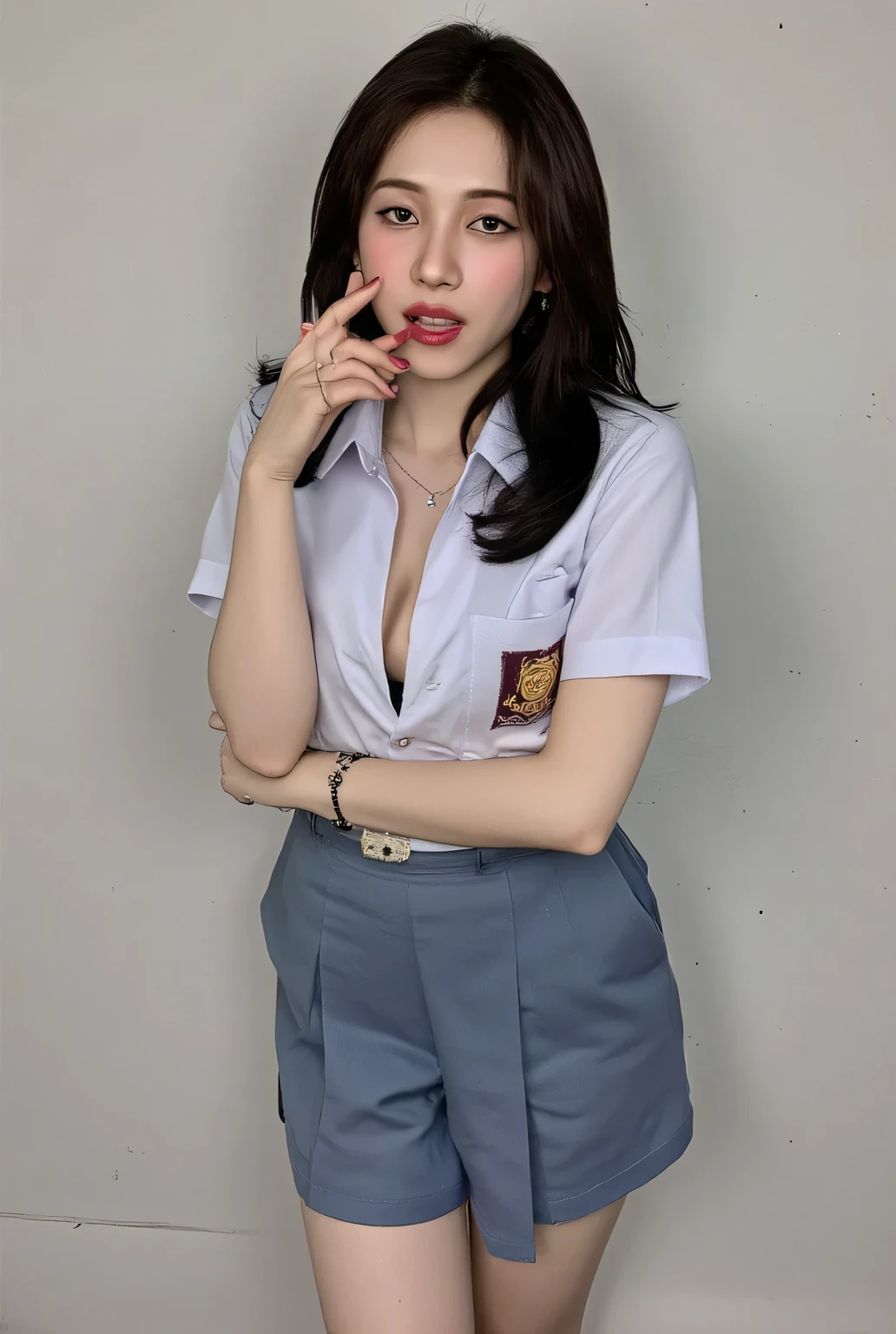  a 25 year old woman , doggystyle,  wearing a strict Indonesian school uniform with no sleeves, seductive expression,  open mouth dark red lips , very large breasts, very detailed image quatilas 