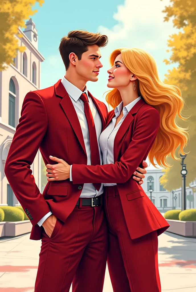 Cover of a book with a red-haired woman cuddled with a man with dark blue hair, they looked at each other in love, him in a suit and she in a red dress, glued together.