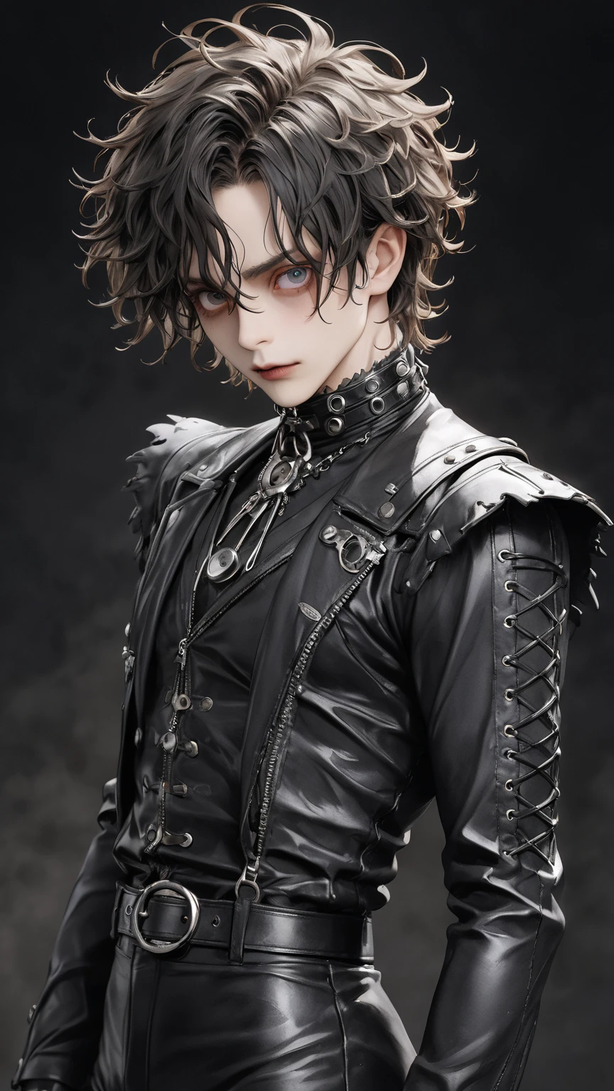 high res , masterpiece, Accurate,  top quality,  high res model,  high detail, Anatomically Accurate, Norman Rockwell & Tim Burton styl、Watercolor touch、 Edward Scissorhands、black leather costume、male、solo,  dark background 、ファンタジー、ホラー、ダークネス、ゴシック調、