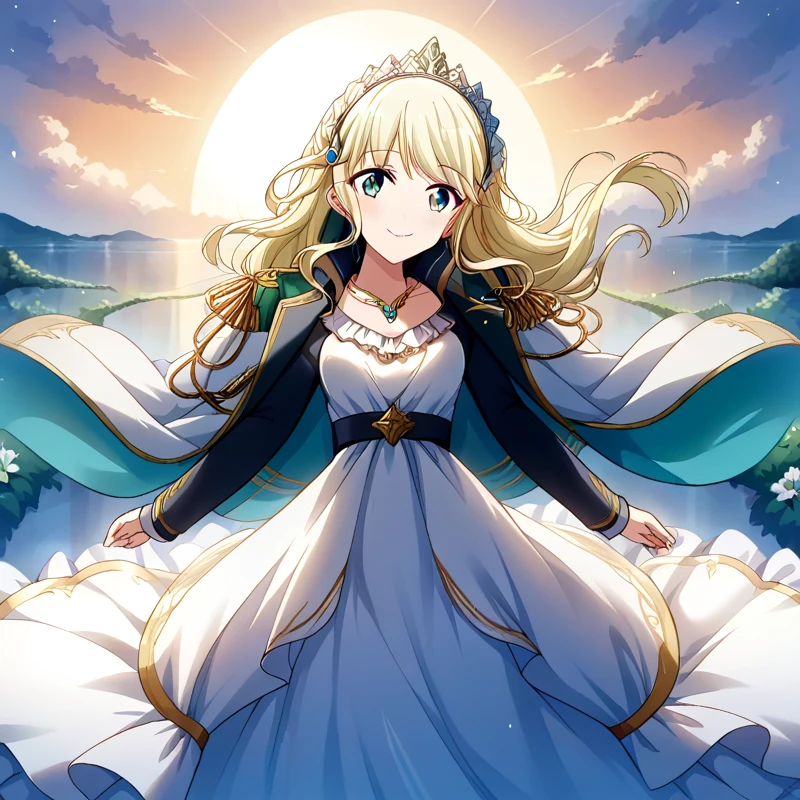 score_9, score_8_consolation, score_7_consolation, score_6_consolation, 1 woman, Shiori ,  blond hair , Long hair , shoulder jacket, Epolite , headdress,  cool wind ,  princess dress , long dress, seafront, sunset,  light smile  , necklace
