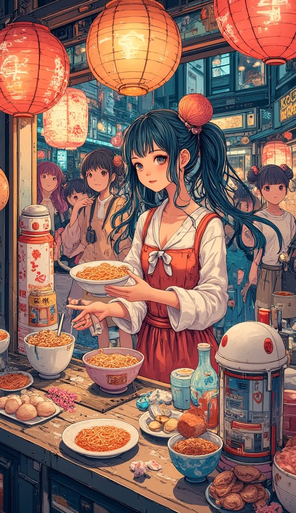 (masterpiece, high quality, HD, 4K, 8k, detail), Chinese food stall, stall owner (attractive woman) handing noodle bowls to customers from stall counter, bright stall lights, people sitting and eating steamed buns from noodle stall, stall lights make everyone smile, eating deliciously,(anatomically correct body, hands, fingers), nostalgic scenery, bustling night stall street,