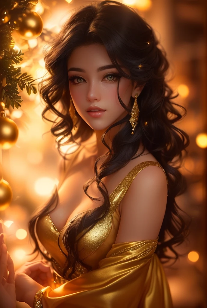 Create a photograph of a woman with natural skin, long and voluminous hair, sharp eyes, a thin and upturned nose, shapely lips, and an hourglass body shape, wearing typical clothes and makeup. It must be intricately maximalist-detailed, vibrant, epic, smooth, cinematic, HD, backlit, and have a shallow depth of field.