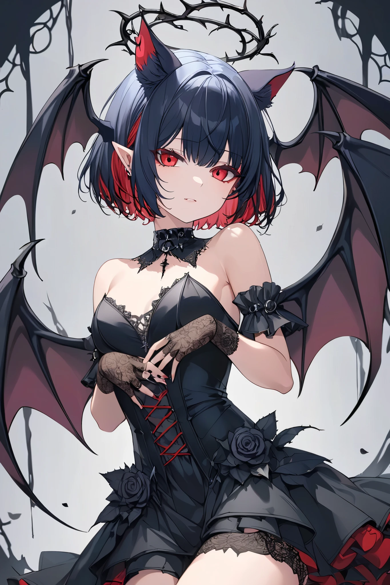 1girl, black thorn halo, pixie haircut, inner hair color, black and red hair, gothic dress, bat wing ears, , bare shoulders, black fingerless lace gloves, gothic background sexy pose,High Details, Detail, Best Quality, High Resolution, Anatomically Correct, High Quality, Quality, High Details, Super Detailed,