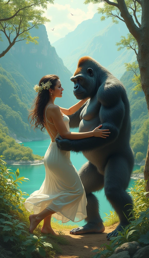 (photorealism:1.2), a sexy curly brown hair woman in white lace lingerie with stockings and bridal veil scared and hugging on top of a palm tree, A gorilla tries to get her down