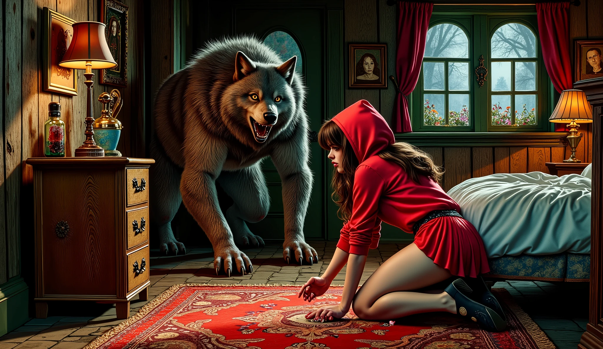 Little Red riding Hood by grandma's bed, wolf is dressed up as grandma, wolf is leering and drooling, Little Red has dropped some candy on the floor, she is on her hands and knees picking it up, near the bed, her skirt hikes up, can see her round ass, white panties, every sexy, very erotic, NSFW, vivid colors, fumetto style, old cottage interior, fairy tale aesthetic