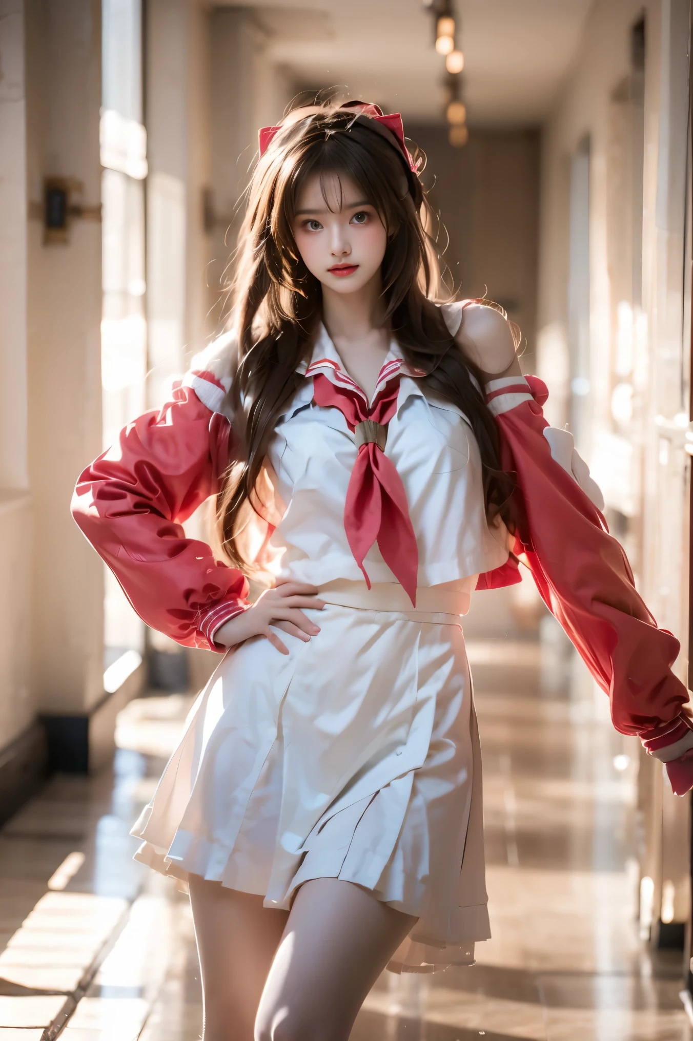 diana cosplay costume, animal ears, long jacket, bow, hair ornament, serafuku, neckerchief, long sleeves, socks, shoes, (cowboy shot:1.3), (from below:1.2),photorealistic beautiful woman, fashion model with long legs, (standing in hallway:1.2), (Stand on one foot:1.2), (Lean against the wall), portico corridor, single bare shoulder, (elegant contrapposto pose:1.2), graceful stance, slim athletic figure, (high detailed skin:1.2), (Full breasts, visible cleavage, very short hemlines, revealing smooth thighs), soft ambient lighting, cinematic lighting, depth of field, 85mm portrait photography, natural shadows, professional fashion photography, high-end magazine style, high resolution, masterpiece, best quality, intricate details, hyperrealistic
