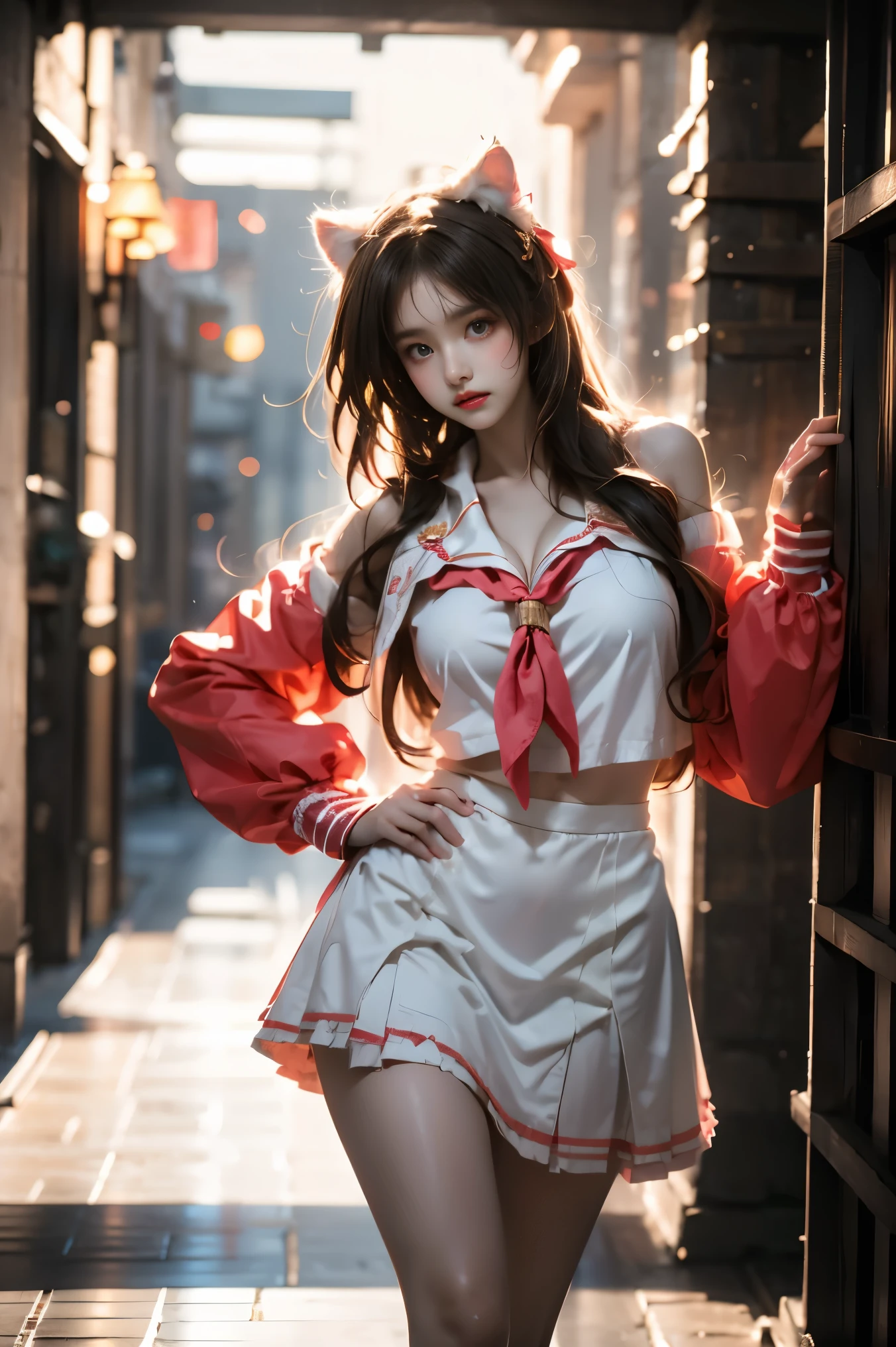 diana cosplay costume, animal ears, long jacket, bow, hair ornament, serafuku, neckerchief, long sleeves, socks, shoes, (cowboy shot:1.3), (from below:1.2),photorealistic beautiful woman, fashion model with long legs, (standing in hallway:1.2), (Stand on one foot:1.2), (Lean against the wall), portico corridor,  single bare shoulder,     (elegant contrapposto pose:1.2), graceful stance, slim athletic figure, (high detailed skin:1.2), (Full breasts, visible cleavage, very short hemlines, revealing smooth thighs), soft ambient lighting, cinematic lighting, depth of field, 85mm portrait photography, natural shadows, professional fashion photography, high-end magazine style,  high resolution, masterpiece, best quality,  intricate details, hyperrealistic