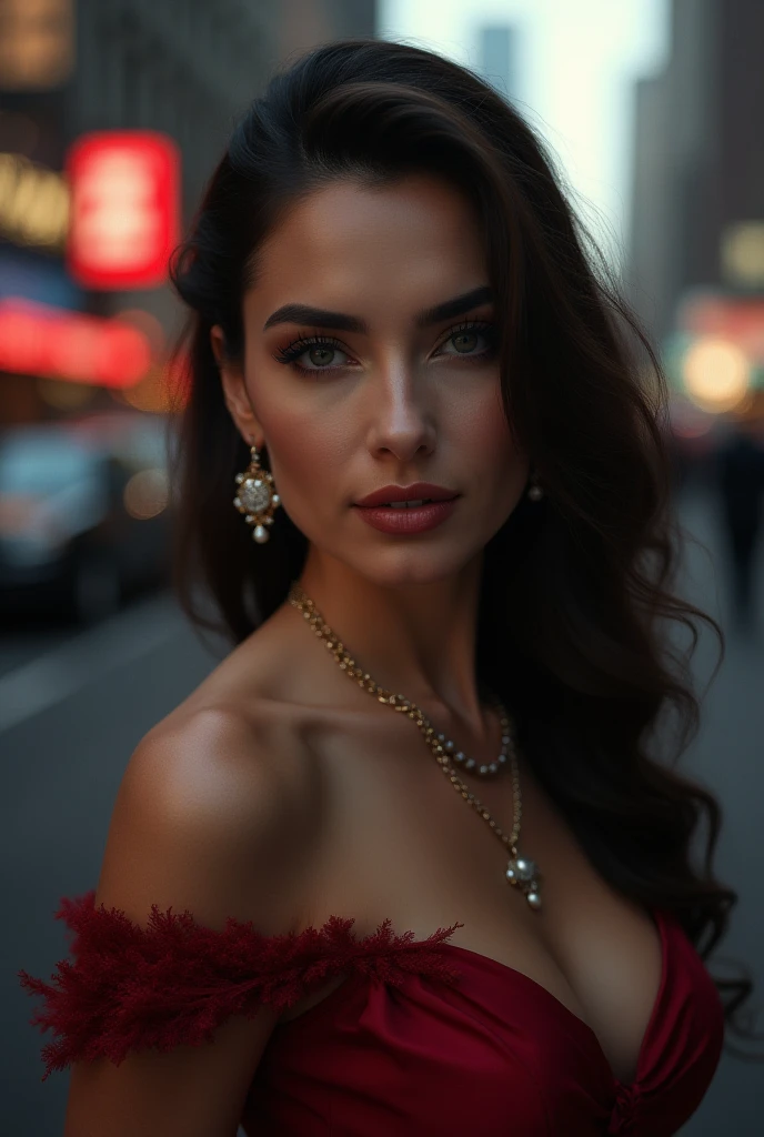 ((Monica Bellucci)), super realistic photo, 8k, clear photo, super clear facial features, beautiful girl, young, perfect figure, Monica Bellucci, ((perfect, red long curly hair)), ((long curly red hair) ), ((perfectly large brown eyes)), complex makeup, earrings, large breasts, ((perfectly plump lips)), ((pouting lips, in a clear, kiss)) necklace, sparkles, ((in a business suit, black jacket with blouse)), Background: ((selfie on the street)), ((close-up)), cinematic lighting, sex, lust, first person, romantic atmosphere, flowers in the background,
